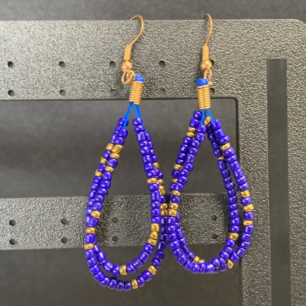 Blue and Gold Seed Bead Teardrop Dangle Earrings Boho Double Strand 4635